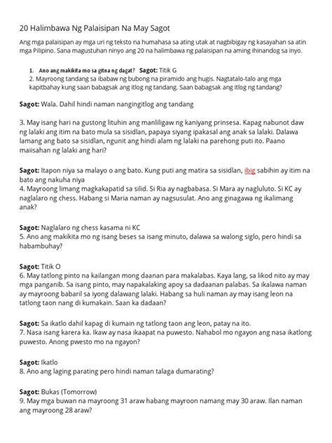 logic tagalog at sagot with answers|20 Halimbawa Ng Palaisipan Na May Sagot .